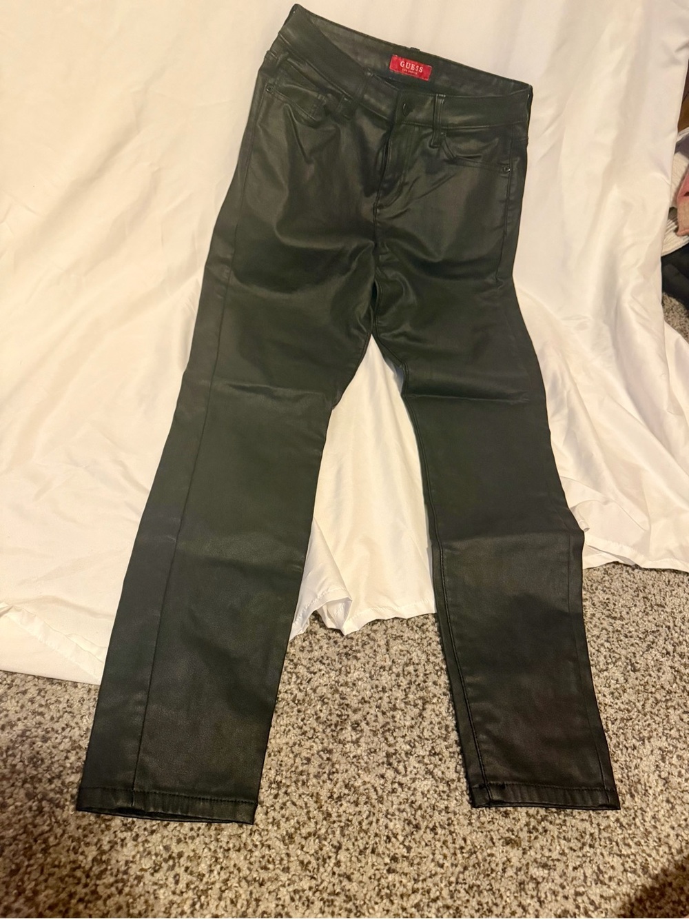 Guess Black Faux Leather Pants with Red Logo Tag